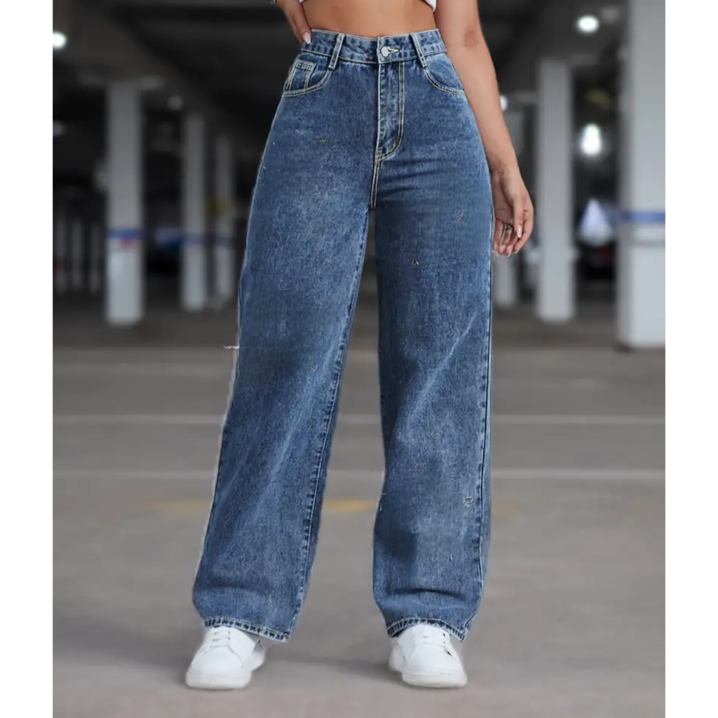 Calça Jeans Feminina Wide Leg pantalona Cintura Alta Tecido