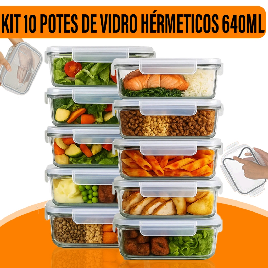 Kit Potes 640ml Marmita Vidro Yab Hermético Tampa Vedada Alimentos Freezer Borossilicato 2/3/5/10 pc