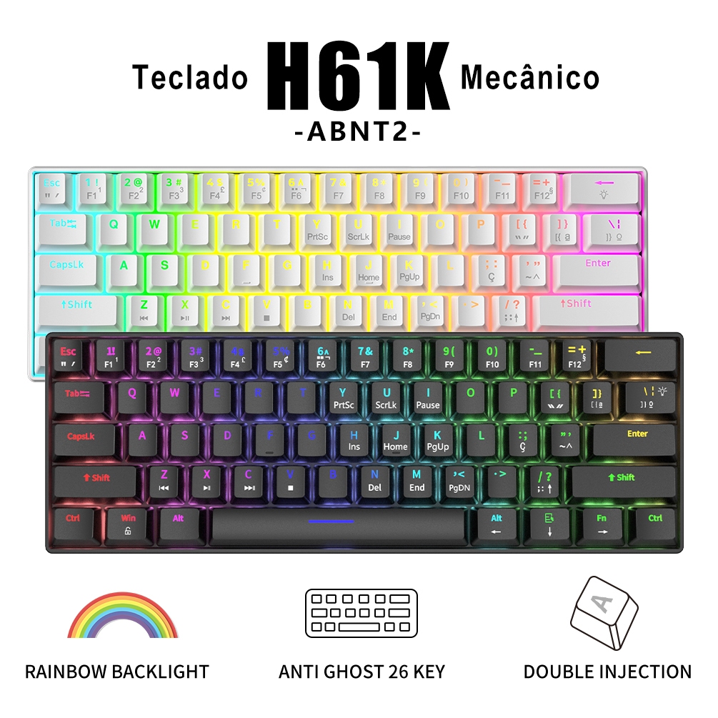 ZIFRIEND H61K Teclado mecânico 60% ABNT2 Switche Red/Blue Rainbow LED Wired gaming Hot-Swappable suporte notebook pc