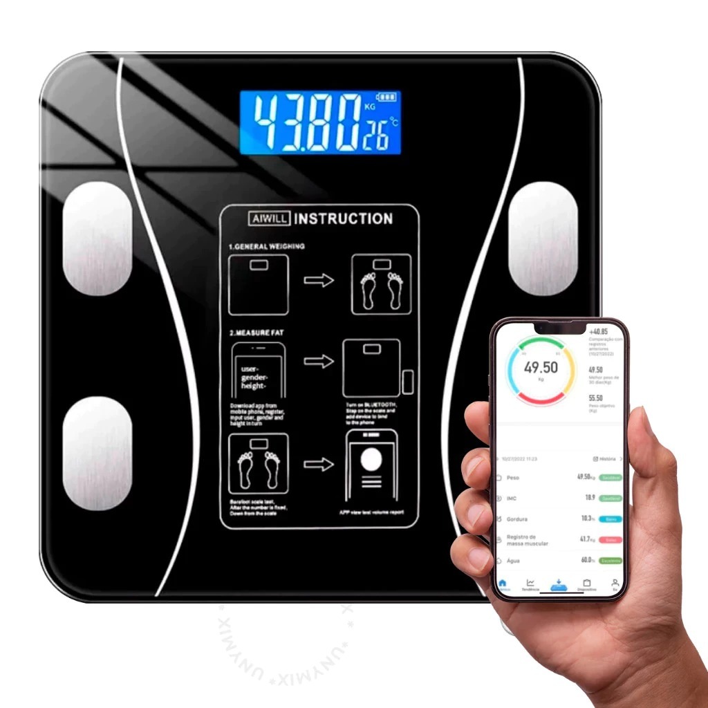 Balanças de bioimpedância digital profissionais suportam balanças digitais eletrônicas de até 180 kg através do Bluetoot