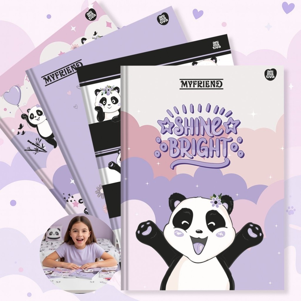 Kit Caderno Brochura Capa Dura Grande Panda My Friend 4un 80 folhas Rosa Lilás Escolar Ensino
