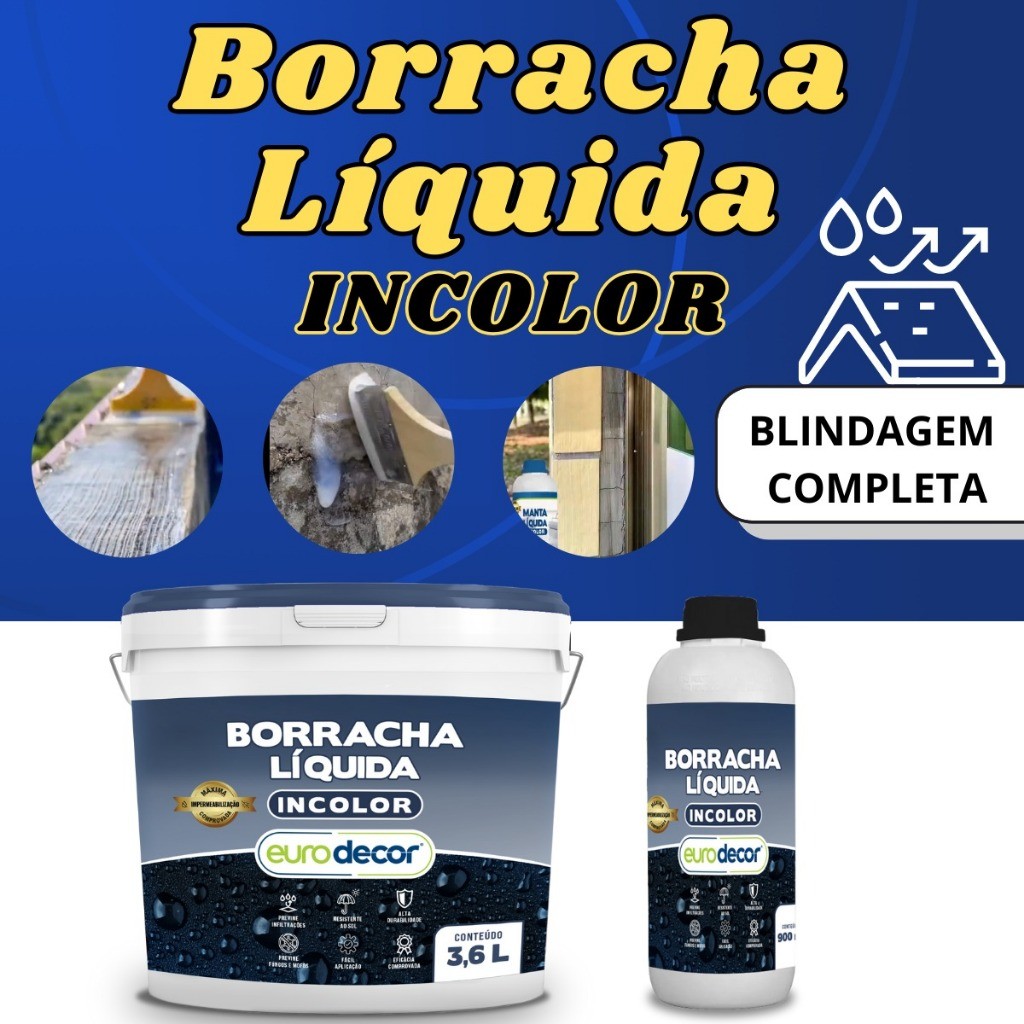 Super Borracha Líquida 900ml e 3,6KG Multiuso Incolor Invisível Para Impermeabilização Fissuras