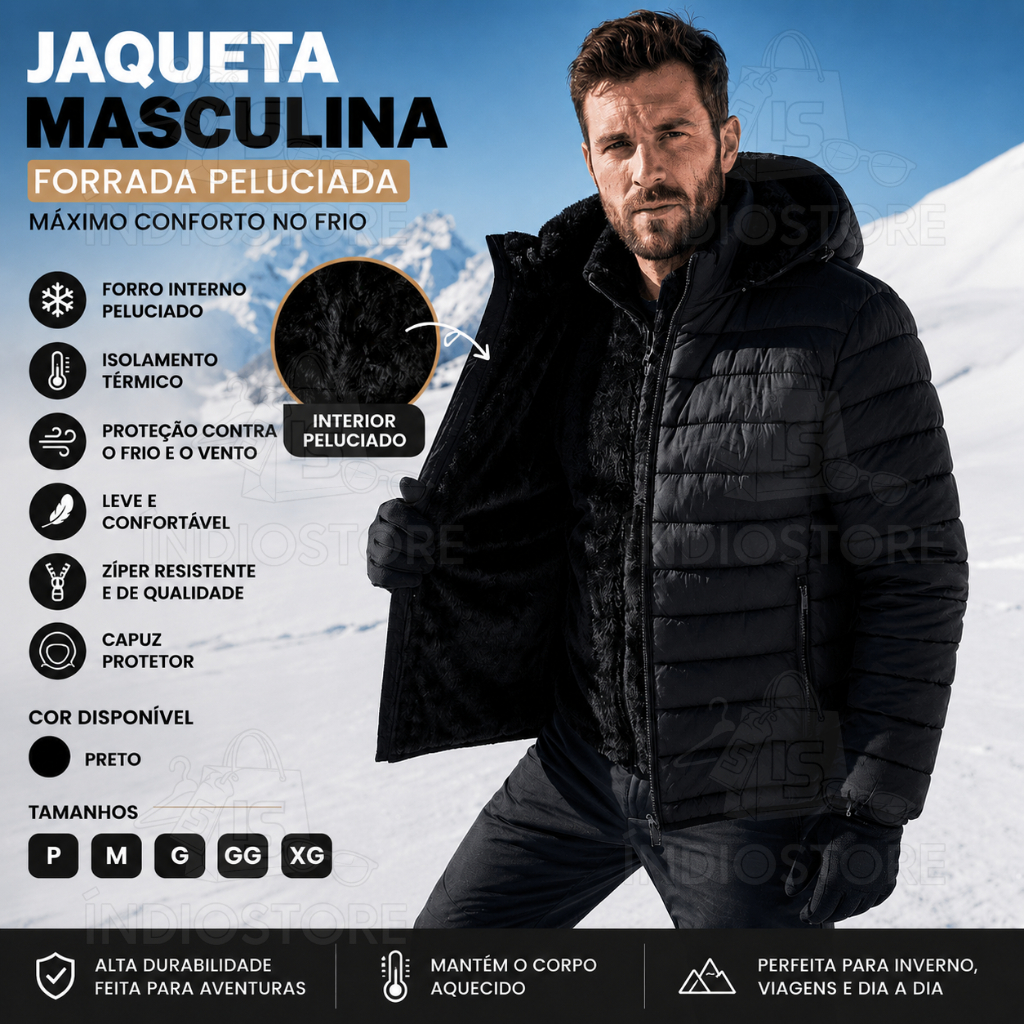 Jaqueta Puffer Masculina Impermeável Capuz Peluciada Super Quente Inverno Capuz Removivel