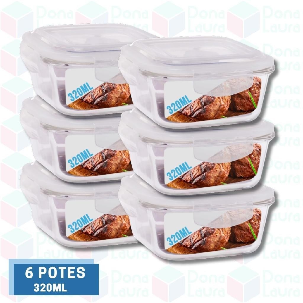 Conjunto Jogo 6 Potes Vidro Hermético Tampa 4 travas 320ml