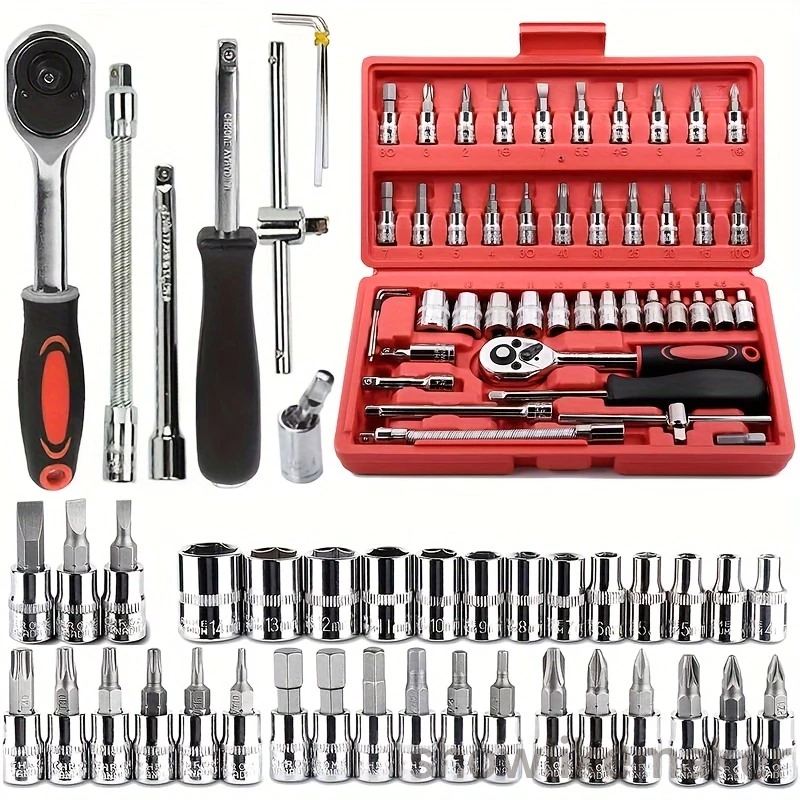Kit De Ferramentas 46 Peças Jogo De Soquetes Chave Catraca Reversível Com Maleta Jogo De Ferramentas Completo