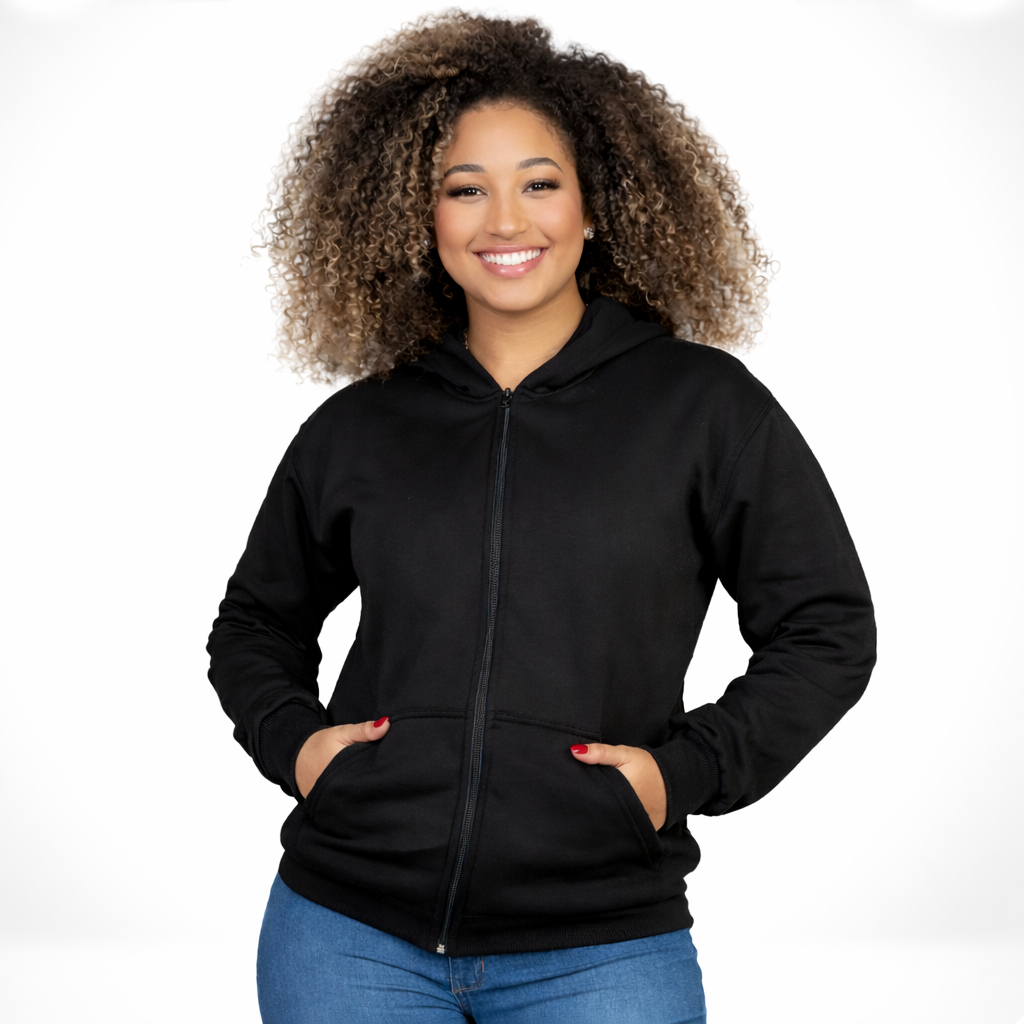Blusa De Moletom Feminina Capuz Zíper Agasalho Frio Ziper