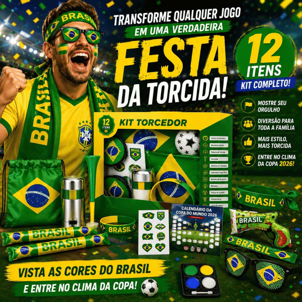 Kit Torcida Brasil Copa Do Mundo 2026 12 Itens Bandeira Vuvuzela Óculos Acessórios Torcedor