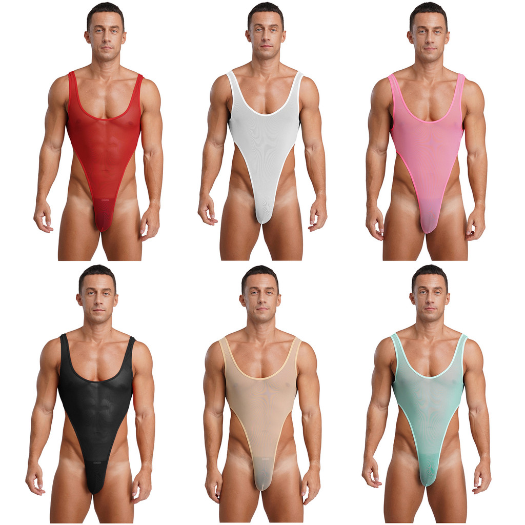 MSemis Body Masculino De Malha Transparente , Sem Mangas , Costas Abertas , Bolsa Com Protuberância , Corte Alto , Peça