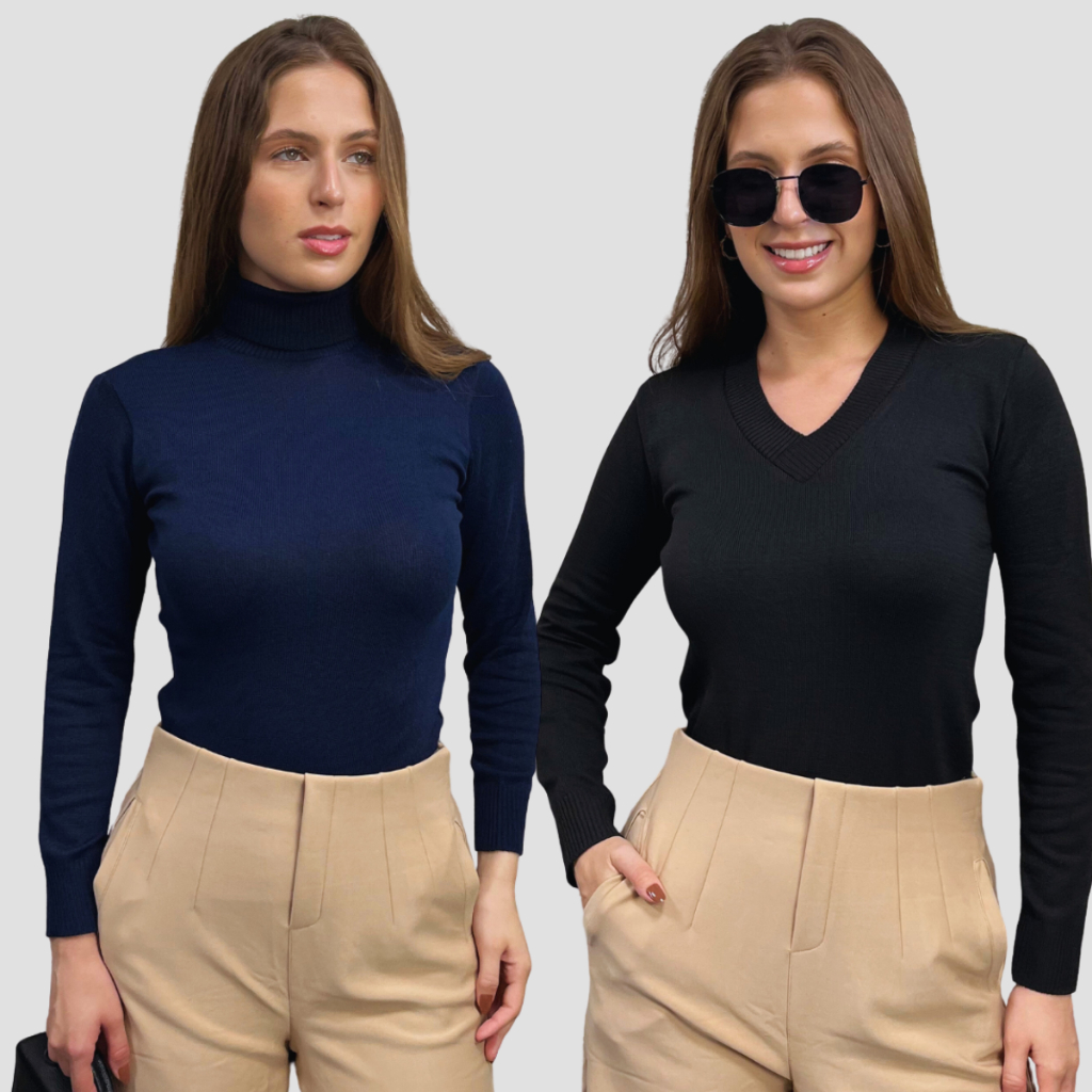 Kit 2 Blusas de Frio Feminina Tricot Cacharrel Gola V Suéter Lã Elastano Inverno