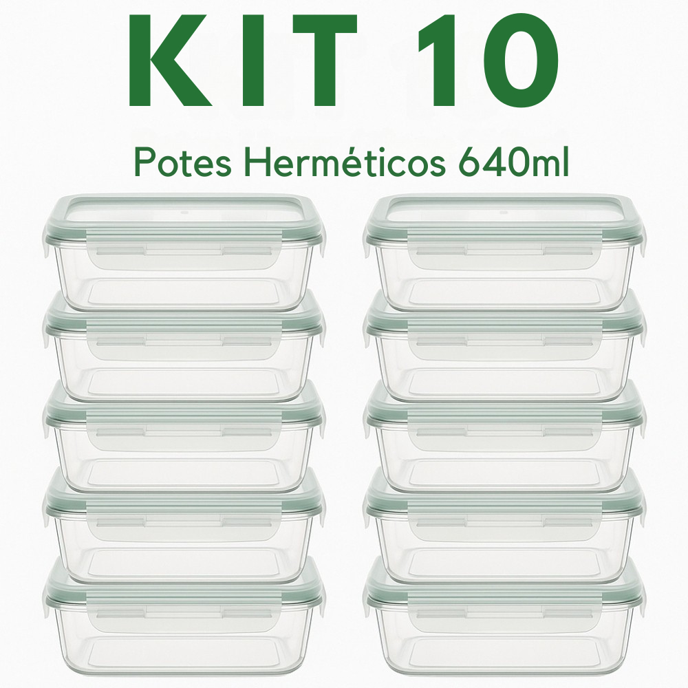 KIT 10 POTES HERMETICOS VIDRO 4 TRAVAS CONJUNTO MARMITA ALIMENTO ANTI-VAZAMENTO 640ML PREMIUM