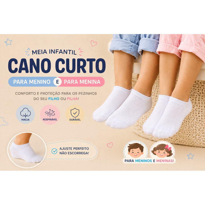 KIT 3 a 12 PARES Meias INFANTIL Brancas Algodão