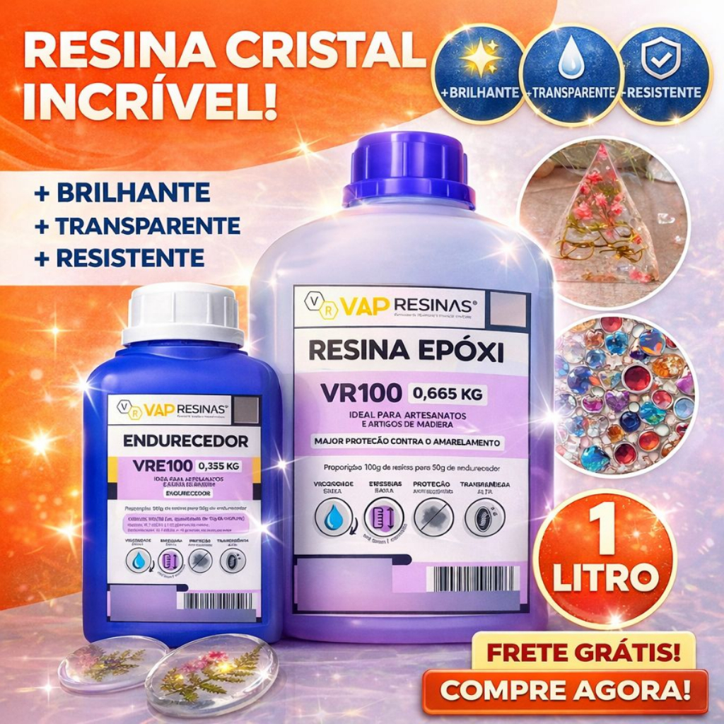 Resina Epóxi UV VR100 1 Litro Baixa Espessura e baixa Viscosidade Vip Resinas Transparente