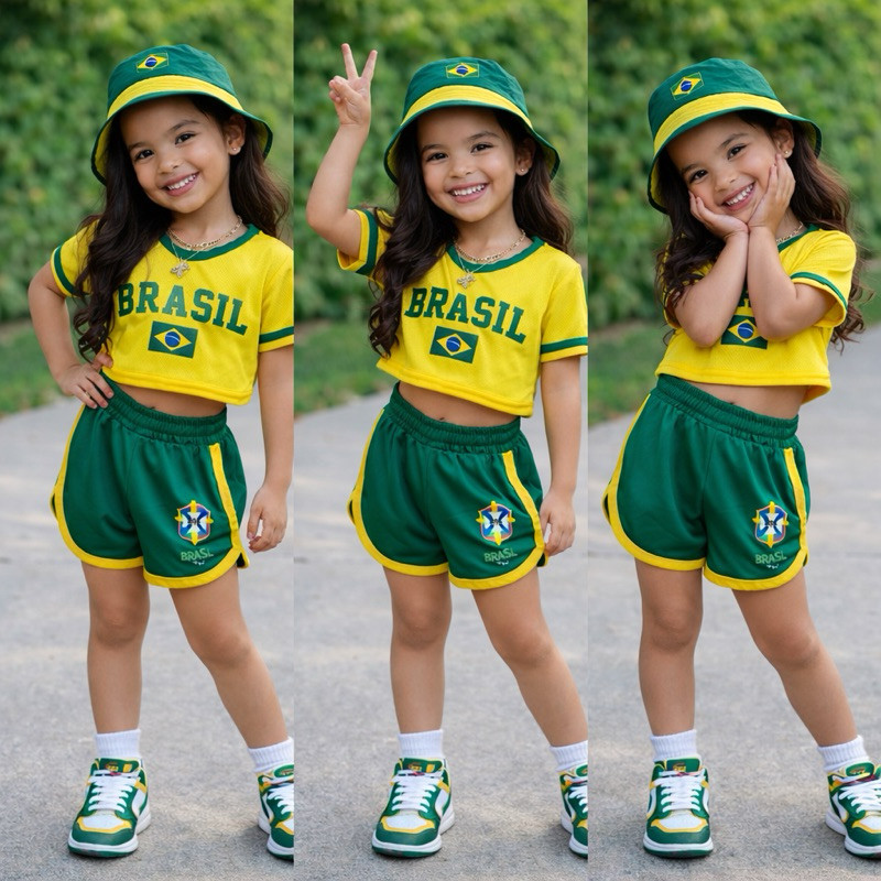 Conjunto Infantil Menina  Croped E Short Estiloso Verde E Amarelo Verao
