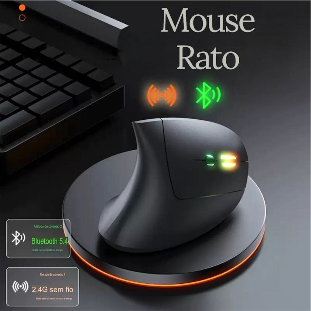 Mouse Rato Vertical Ergonômico Sem Fio Usb Portátil Modelo Cor Preta ou com Bluetooth