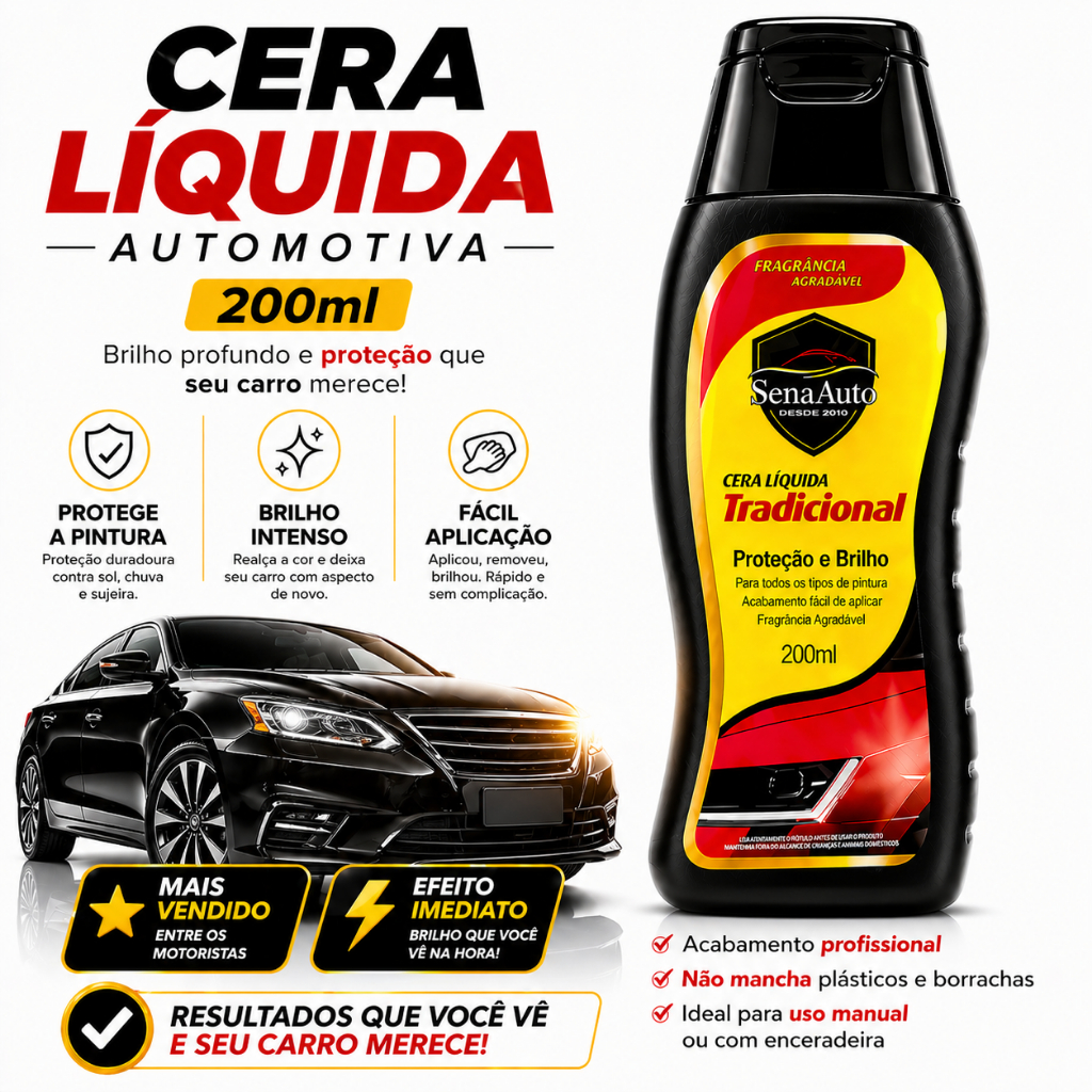 Cera Liquida Automotiva 200ml Alta Protecao Brilho Duradouro Carro Moto