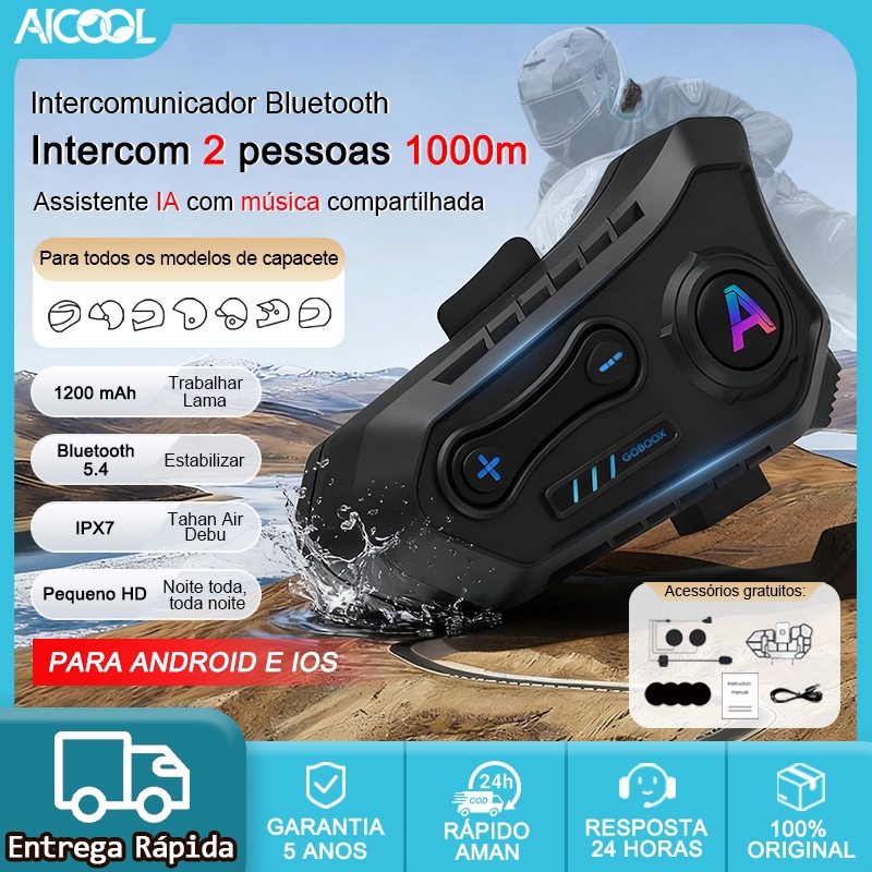 AICOOL Rádio comunicador para capacete de motocicleta, Bluetooth 5.4, à prova d'água IPX7, alcance de 1000 metros