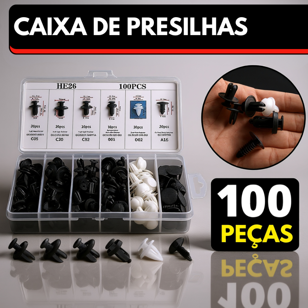 Kit 100 Grampo Presilha Automotiva Prendedor Hibrido De Clipes De Fixação De Peças Pino Parachoque Carro Universal