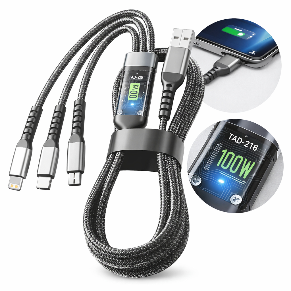 Cabo Carregador Turbo Celular 3 em 1 100W Inova Original Lightning Tipo C e Micro USB Reforçado