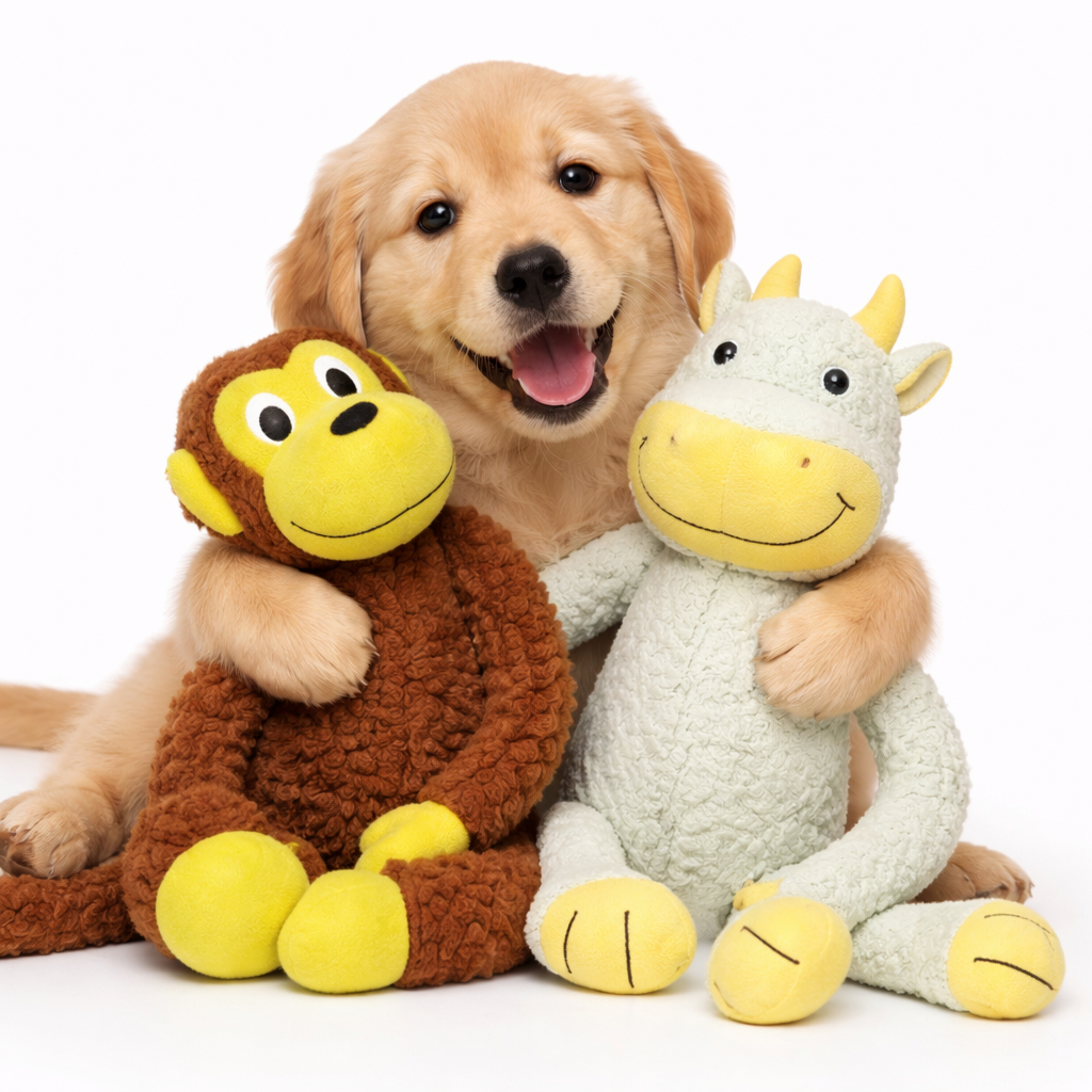 Brinquedo Pet Macaco Vaca Pelúcia C/ Apito Resistente Divertido Cachorro Gato Macio Dia Dia Promoção