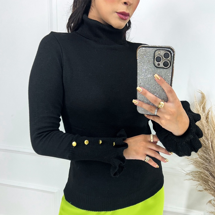 Blusa Gola alta feminina Cacharrel manga botão suéter blogueira Tricô Tricot