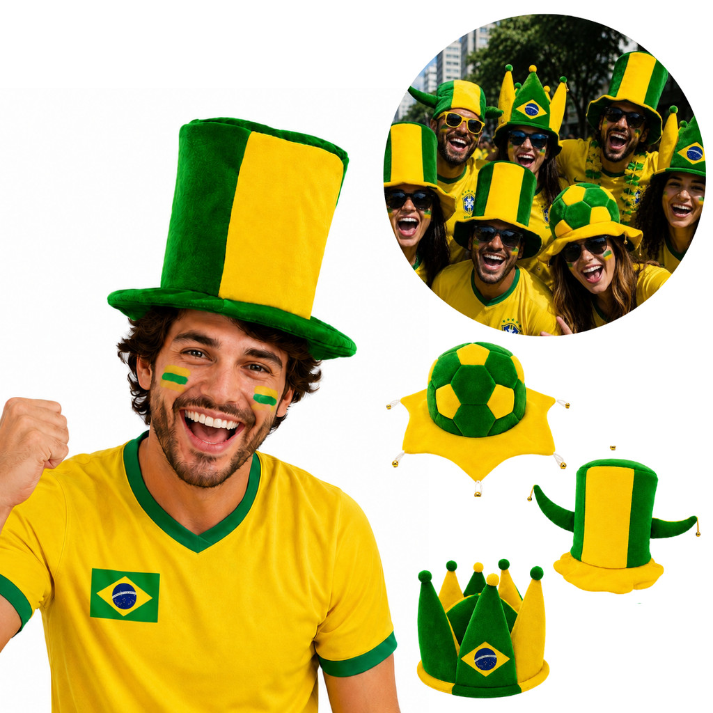 Kit 4 Chapéu do Brasil Cartola Torcedor em Veludo Tecido - Copa do Mundo 2026 Bola Touca Alerquim