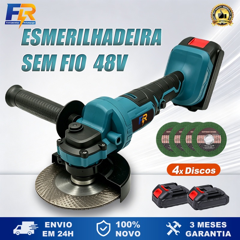 Esmerilhadeira Lixadeira Elétrica Sem Fio Profissional 4 Pol 100mm 2 Baterias 48V 4 Discos