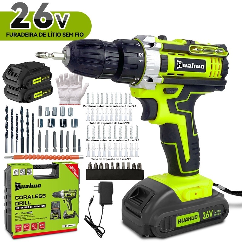 110V/220V Parafusadeira 26V 2 Baterias Sem Fio Com Impacto e Maleta Completa de Brocas~
