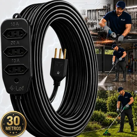 Extensão 30metros Cabo Pp Reforçada Obra Profissional 10/20a Preto 127/220v