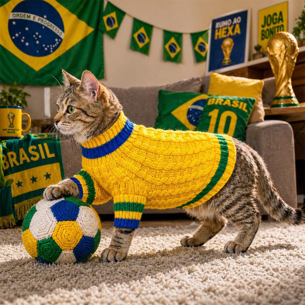 Roupinha Pet Tricô Gatos & Cães - Copa Brasil - Katlen Tricot