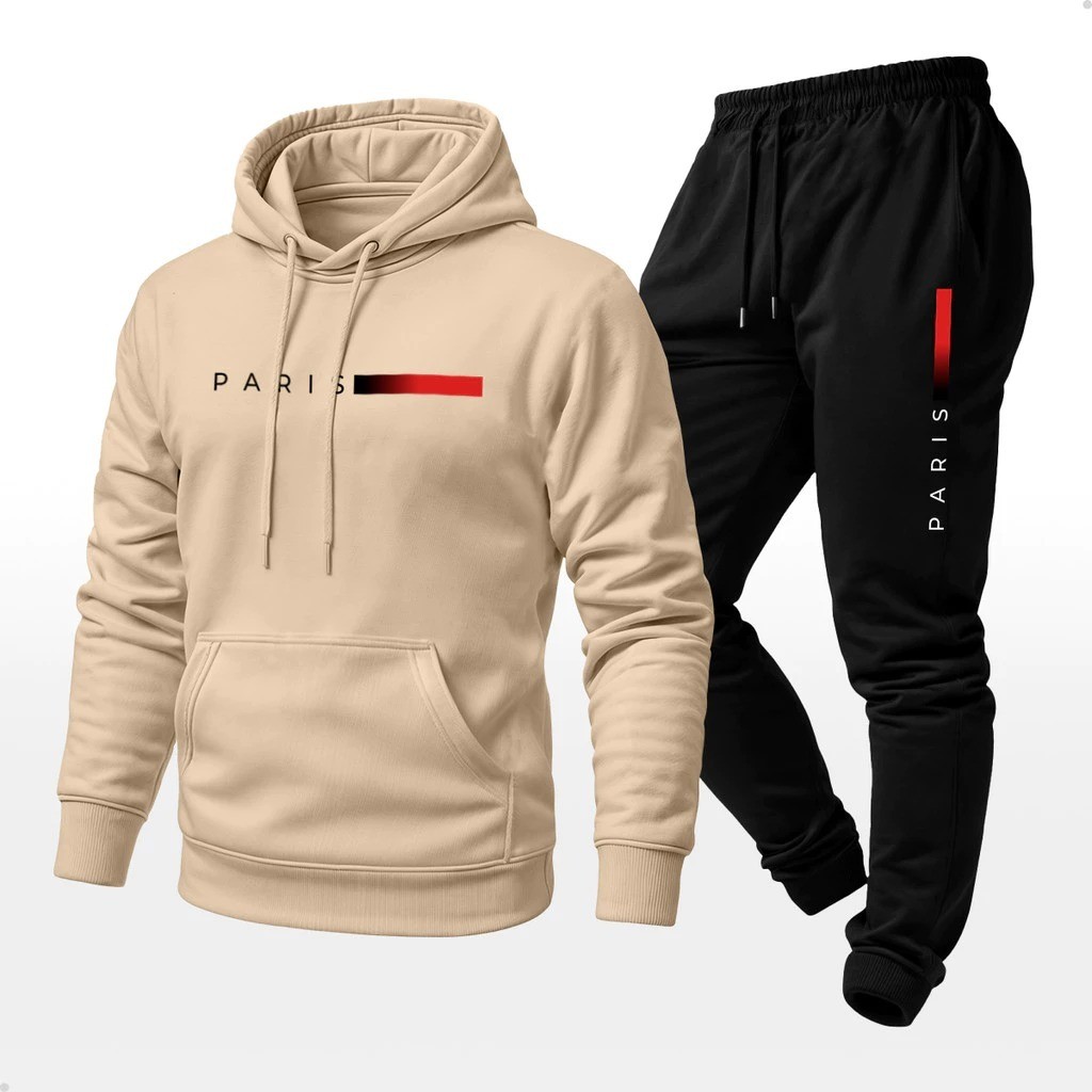 Conjunto Moletom Paris Calça e Blusa Com Capuz Bolso Canguru Masculino Algodão