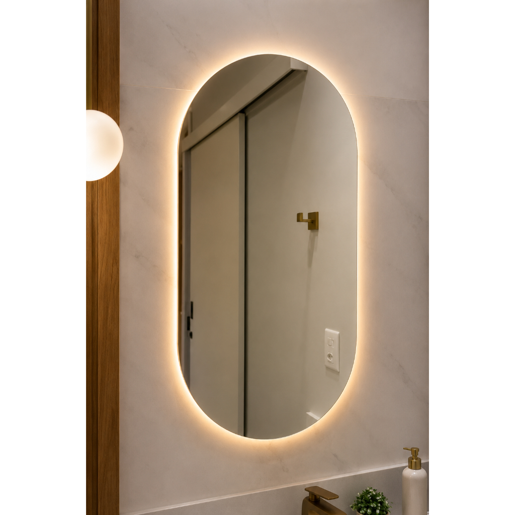 Espelho Oval com LED Moderno Luz Quente e Fria para Banheiro e Quarto Decorativo