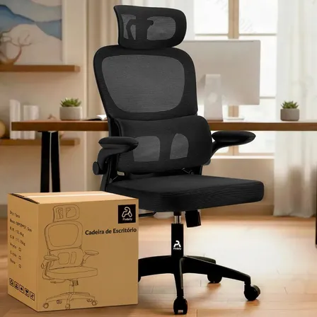 Cadeira De Escritório Ergonômica Fivdaily C600 Preta, Com Apoio De Cabeça E Suporte Lombar Preto Malha