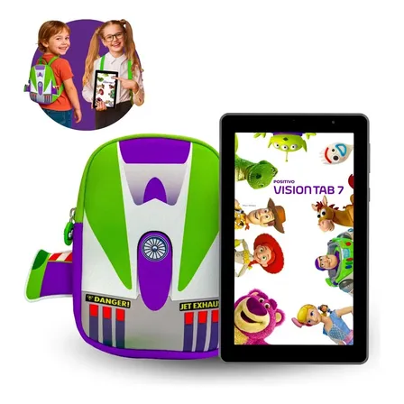 Tablet Infantil Positivo Vision Tab 7 Toy Story 3gb Ram 64gb Ssd Tela 7 Octa-core 3100mah Wi-fi Android 14 Go, Acompanha Capa De Proteção De Silicone E Uma Mochila Do Buzz - Preto