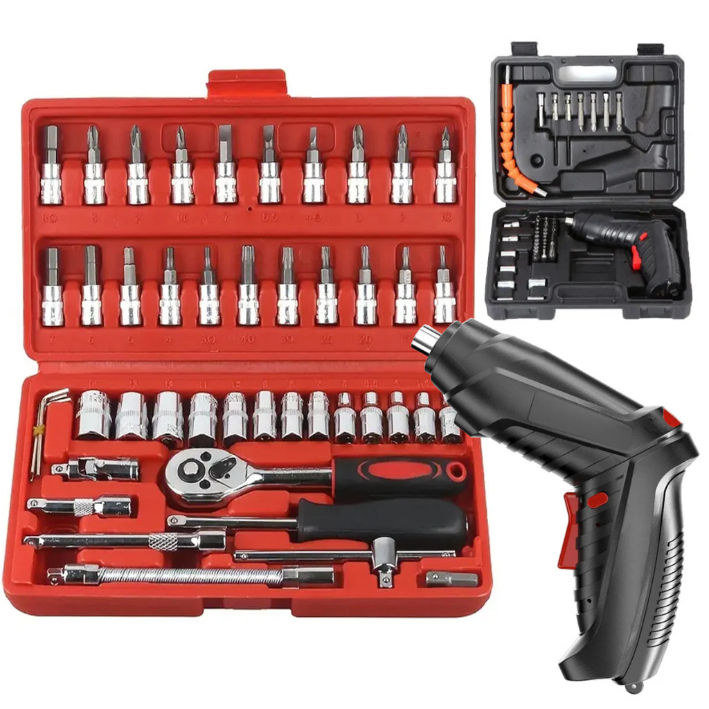 Kit de Furadeira/Parafusadeira Sem Fio 47 Peças com Bateria e Carregador USB em Maleta Completa de Ferramentas