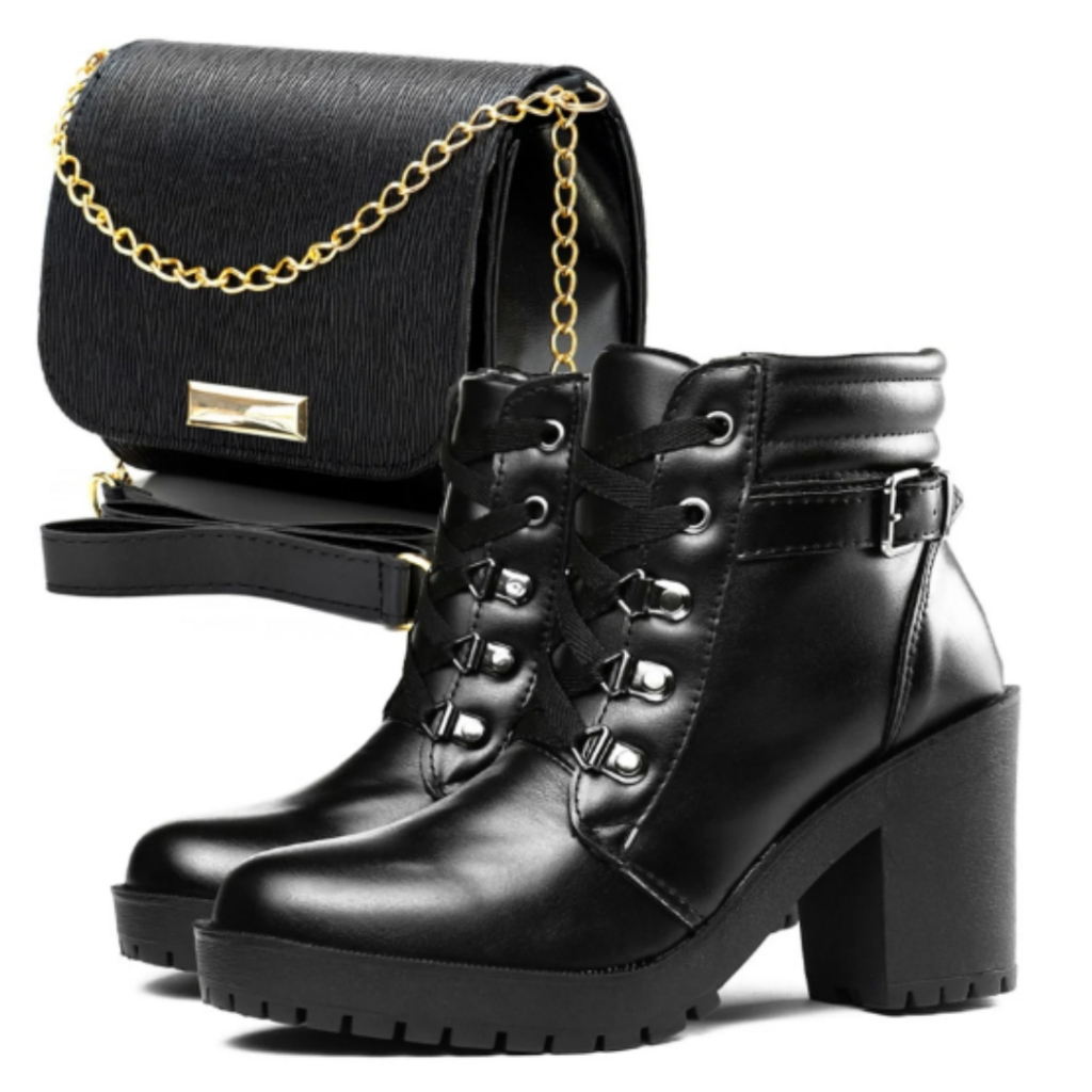 Bota Coturno Feminina Salto Bloco Medio Coturno com Ziper + Bolsa Transversal Alça Dourada