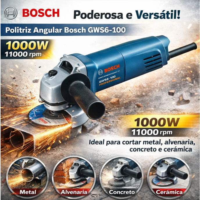 Esmerilhadeira Angular Bosch GWS 6-100 Profissional - Lixadeira 127V / 220V Ferramenta Elétrica de Alta Performance