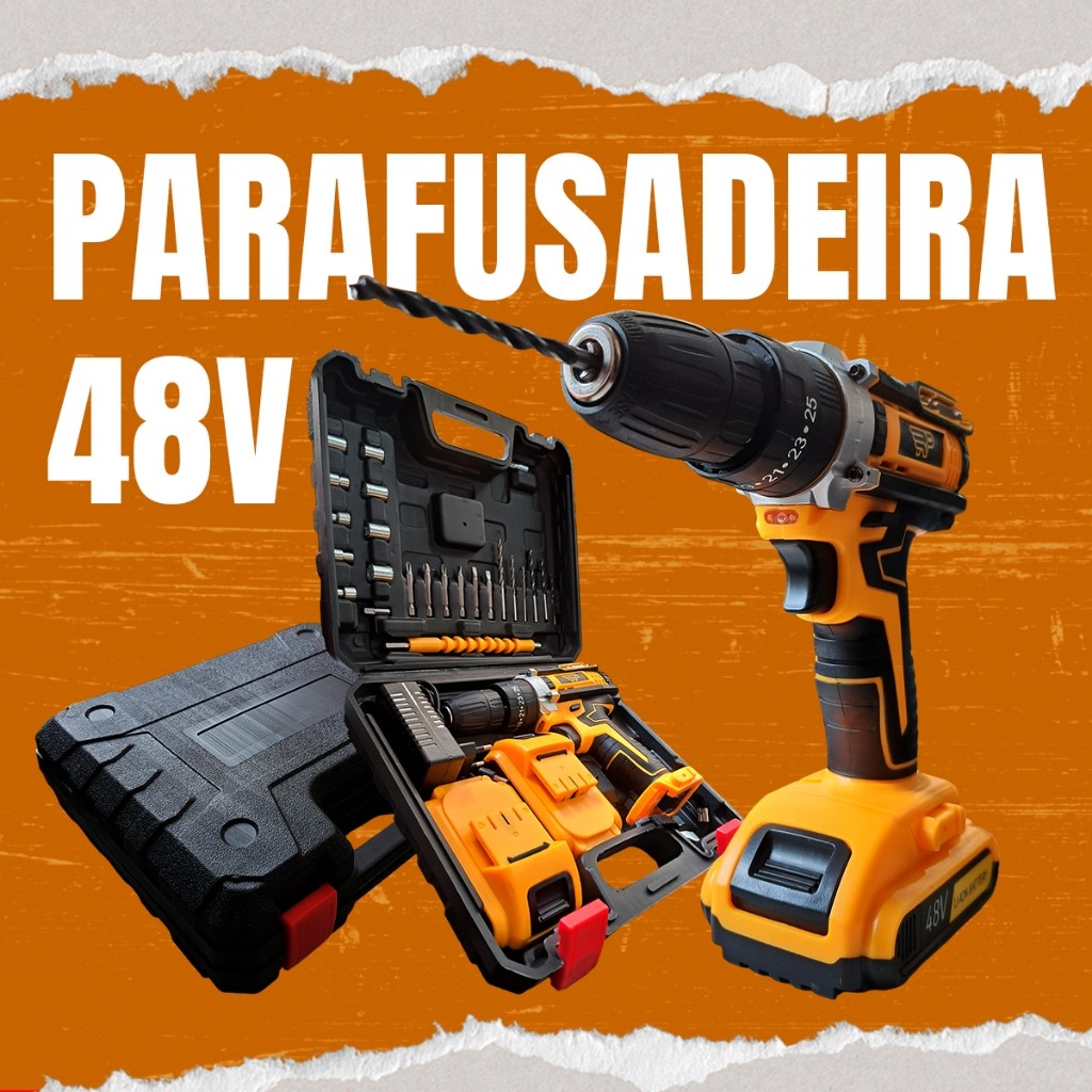 Furadeira e Parafusadeira de Impacto 48v 2 Baterias Elétrica 10mm Mandril Broca Potente Resistente