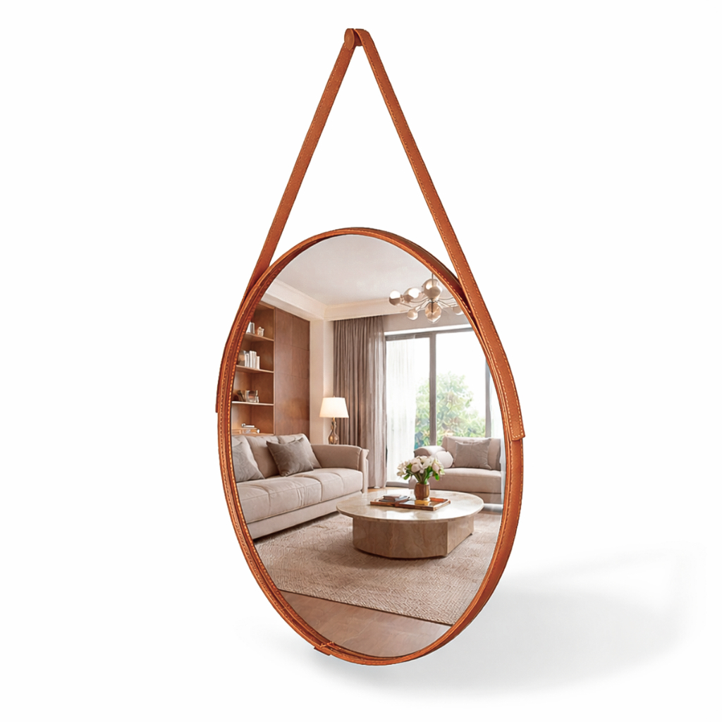 Espelho Redondo Decorativo Adnet Alça Couro Suporte 60cm Sala Quarto Banheiro