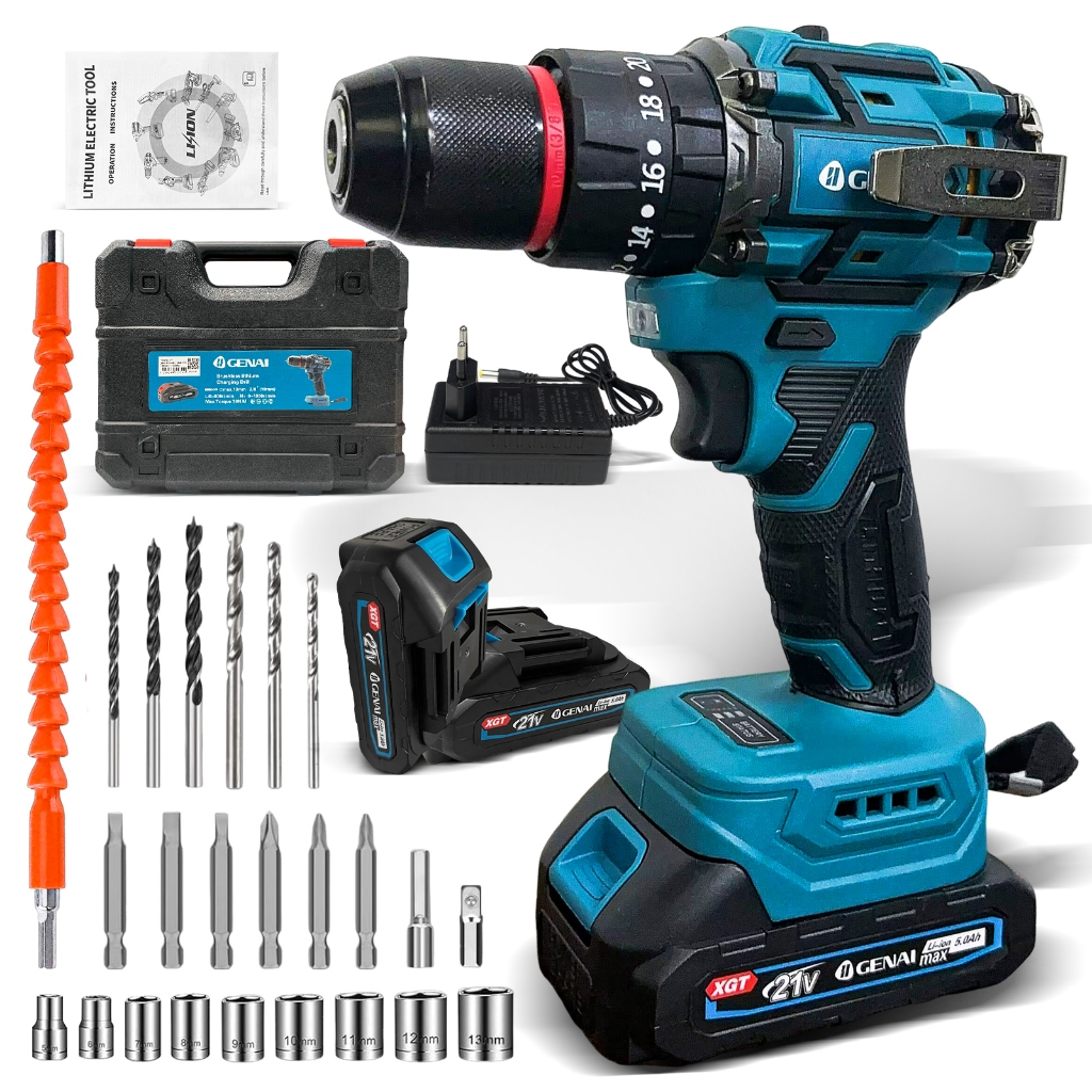 【GENAl】Brushless Parafusadeira Furadeira 21V 2 Baterias Com Maleta Completo 70N.m/45N.m