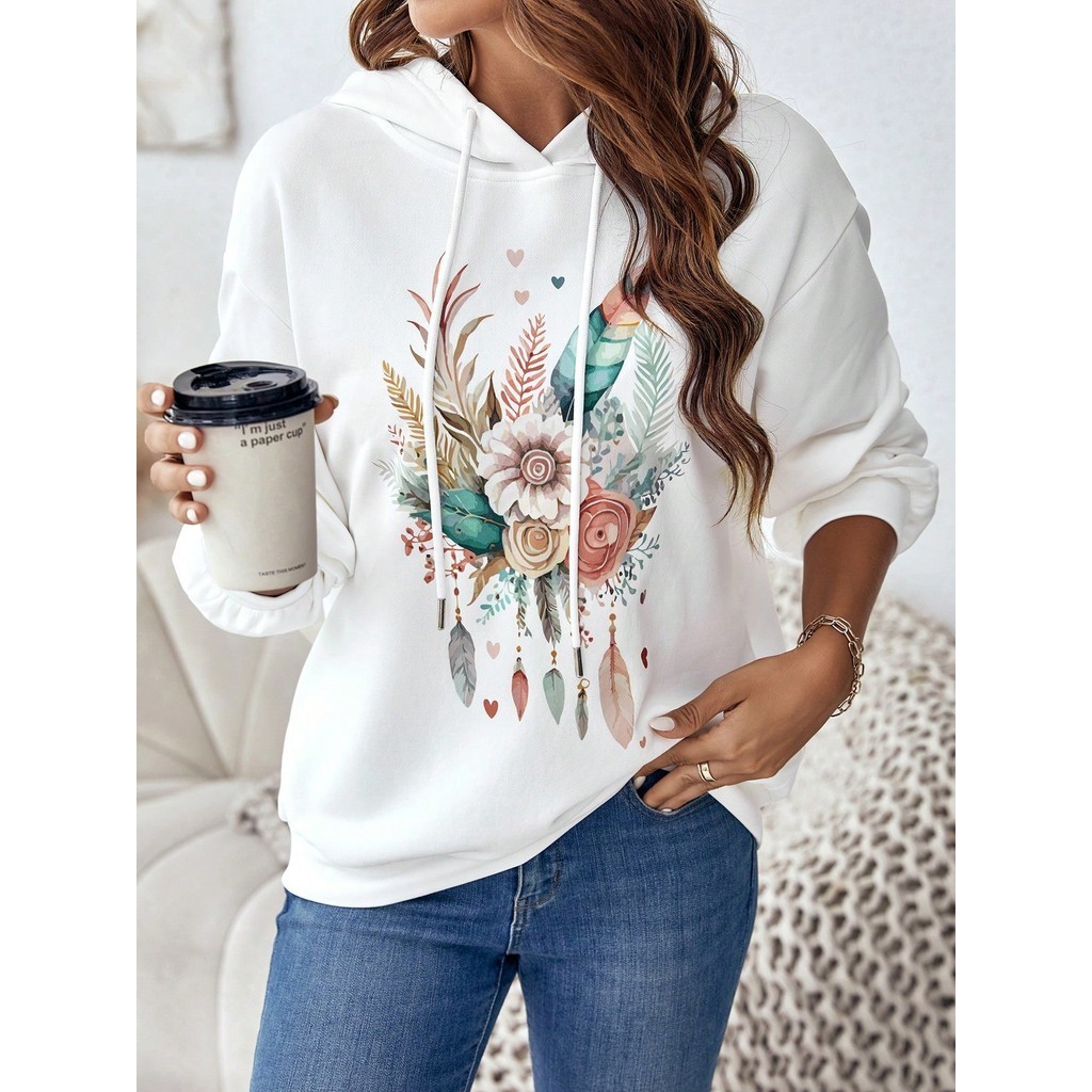 Moletom Canguru Feminino Estampado Flores e Penas Delicado Para O Inverno