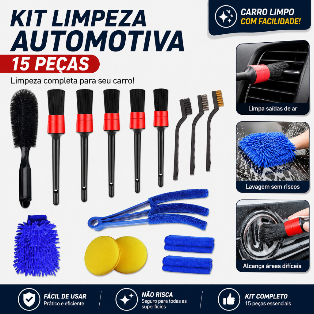 Kit 15 Peças Lavagem Automotiva Esponja + Escova + Flanela 30x40cm + Aplicador de Cera + Luva Microfibra + Pincel