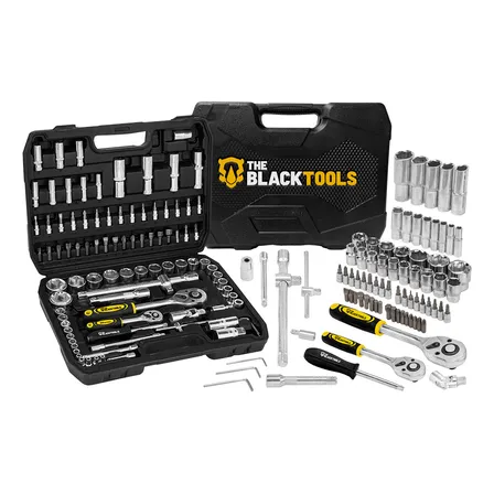 Jogo De Ferramentas Soquetes Encaixe 1/4 E 1/2 Pol. Catraca Reversível Aço Crv 94 Peças Com Maleta Tkf94 The Black Tools Cromado