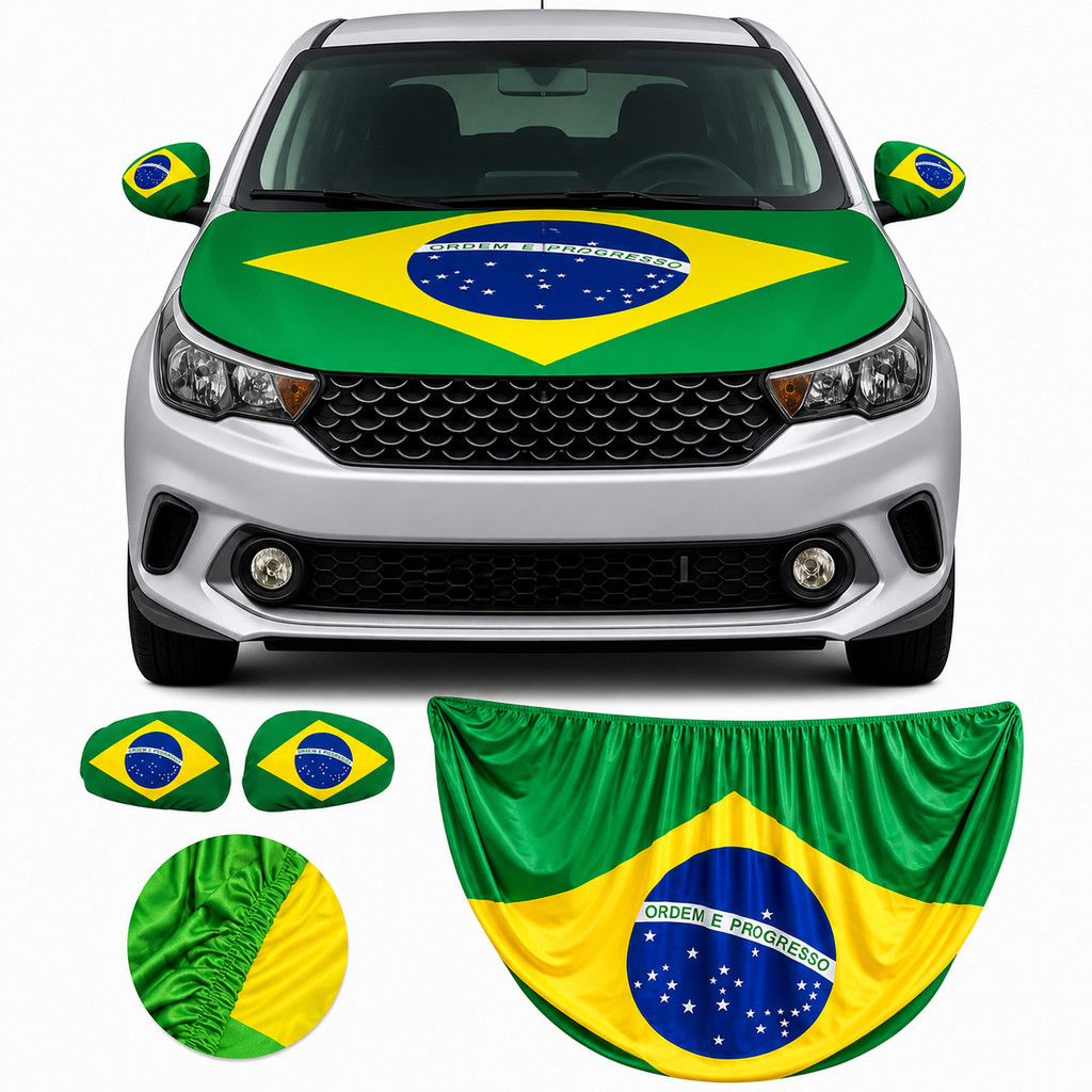 Kit Bandeira do Brasil para Capô de Carro + Capa para Retrovisor com Elástico Tamanho Universal