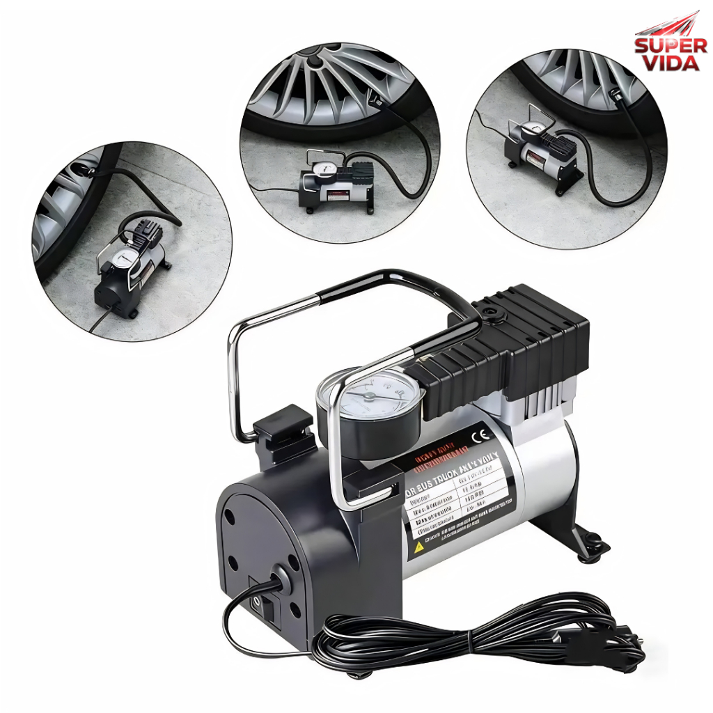 Compressor de Ar Portátil 12V para Carro com Manômetro para Pneus de Carro e Bicicleta