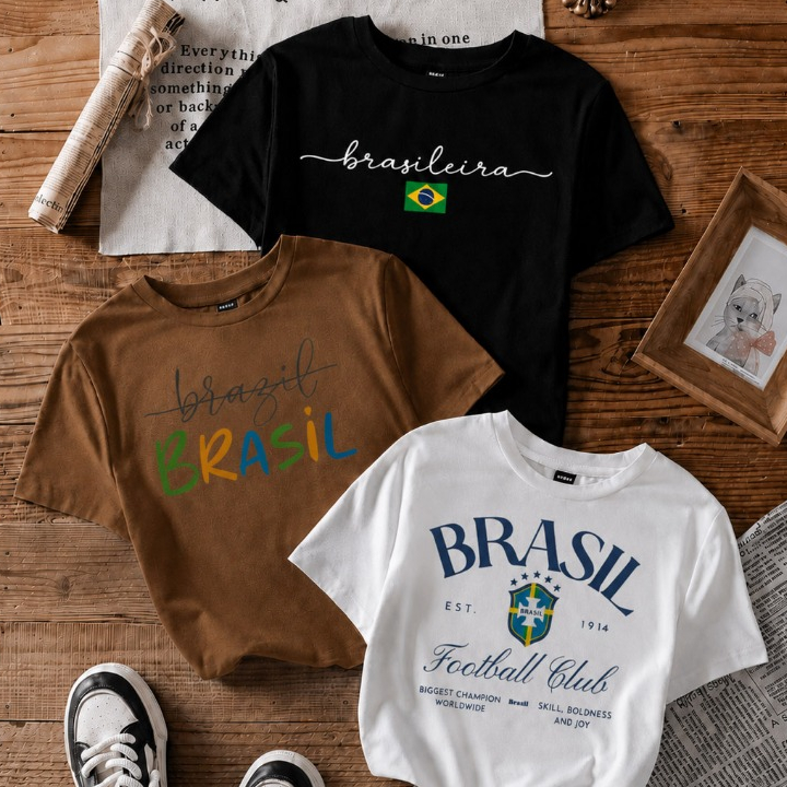 Kit 3 Camisetas Femininas Brasil Copa 2026 Estampadas Verde Amarelo Look Casual Torcida Brasileira!!