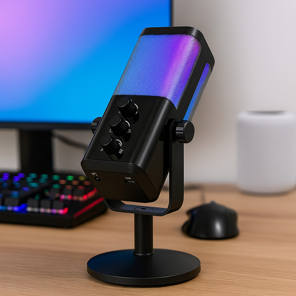 Microfone Gamer RGB Cardioide RGB com Controle de Volume Tipo C P2 MC847