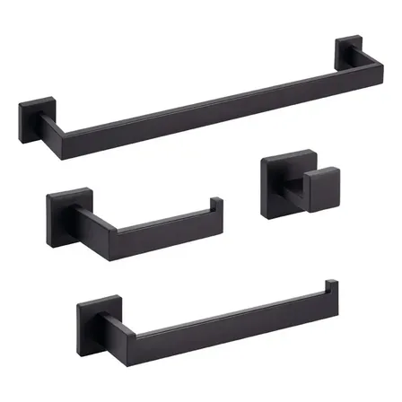 Kit Acessórios Banheiro Preto Fosco 4 Peças Quadrado Barra Toalha Porta Papel Higiênico E Ganchos Inox Antiferrugem Instalação Com Parafuso Winda