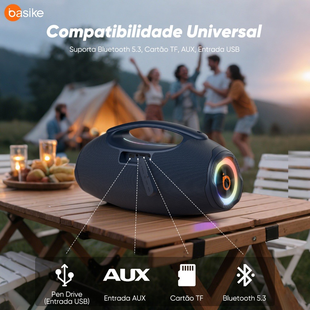 Basike Caixa de Som Bluetooth Estéreo  80W Potente IPX6 TWS RGB