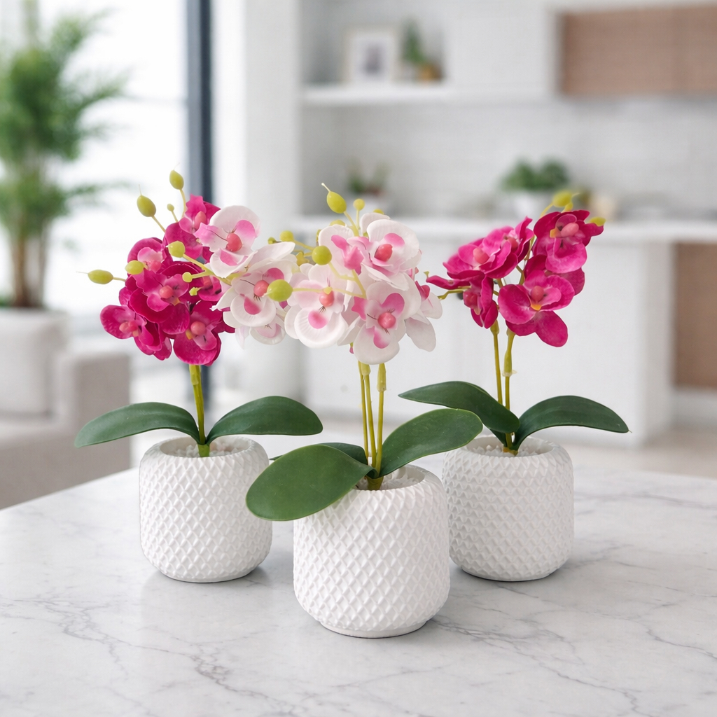 Vasos Decorativos com Orquídea Artificial em Gesso Cerâmico Branco para Sala, Escritório, Casa, Apartamento Decoração