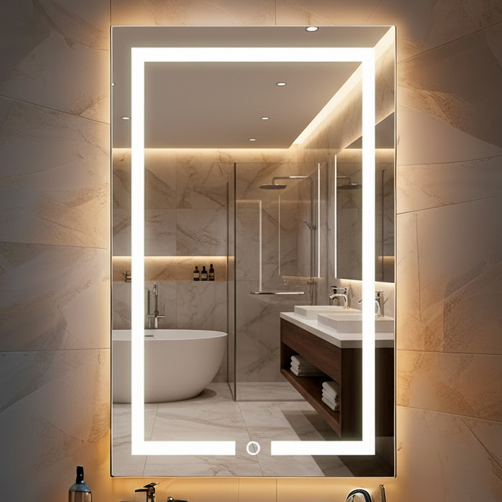 Espelho LED Jateado 80x50 cm Retangular com Botão Touch 3 Cores para Banheiro Quarto Sala Decorativo